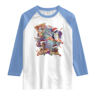 Funny Christmas Cat Raglan Shirt Santa Cat Riding Pizza Galaxy Outer Space