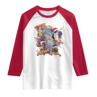 Funny Christmas Cat Raglan Shirt Santa Cat Riding Pizza Galaxy Outer Space
