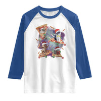 Funny Christmas Cat Raglan Shirt Santa Cat Riding Pizza Galaxy Outer Space