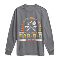 Funny BBQ Lover Long Sleeve Shirt A Cow A Pig And A Chicken Walk Into A Bar B Q Barbecue Pitmaster