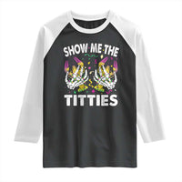 Mardi Gras Raglan Shirt Show Me The Titties Funny Skeleton Crawfish