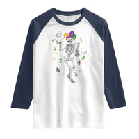 Mardi Gras Funny Jester Skeleton Dancing With Cat Raglan Shirt
