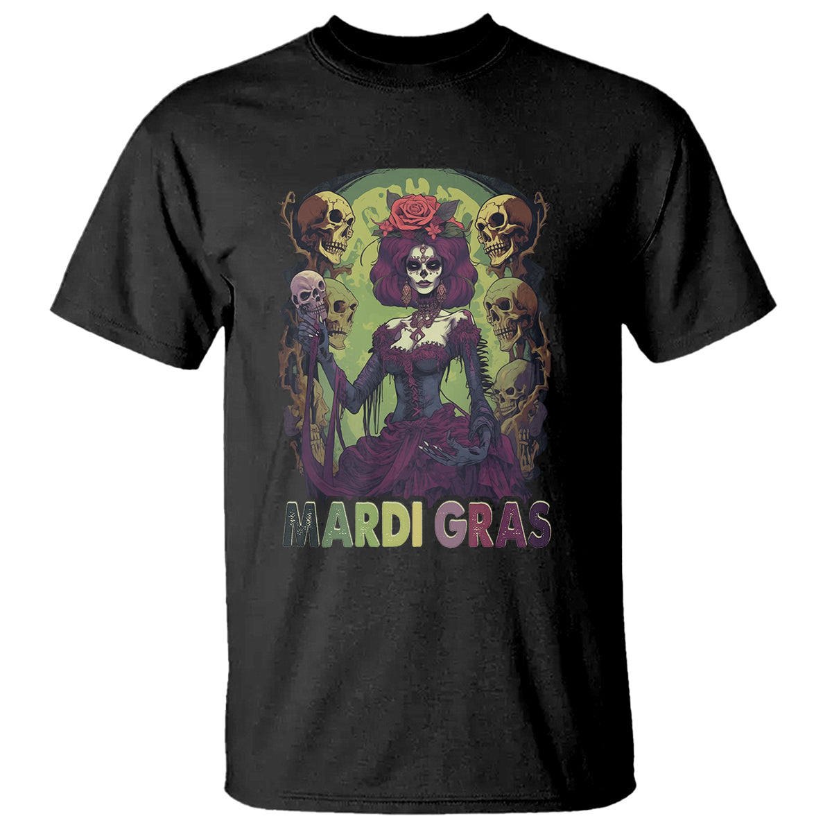 Mardi Gras T Shirt Voodoo Queen Skeleton Witch Creepy Skull