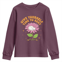 Give Yourself Time To Rest Youth Sweatshirt Cute Cat Sleep Mental Health