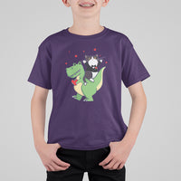 Valentine's Day T Shirt For Kid Cat Riding Dinosaur Cool Tuxedo On Suit And Take Rose - Wonder Print Shop