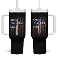 Christian American Patriotic Tumbler With Handle Stand For The Flag Kneel For The Cross