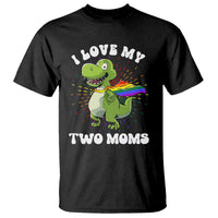 Funny Lesbian T Shirt I Love My Two Moms Rainbow Dinosaur - Wonder Print Shop
