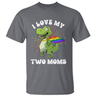 Funny Lesbian T Shirt I Love My Two Moms Rainbow Dinosaur - Wonder Print Shop
