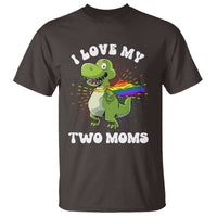 Funny Lesbian T Shirt I Love My Two Moms Rainbow Dinosaur - Wonder Print Shop