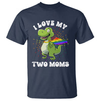 Funny Lesbian T Shirt I Love My Two Moms Rainbow Dinosaur - Wonder Print Shop