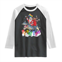 Funny Christmas LGBT Raglan Shirt Rainbow Flag Santa Riding Dinosaur