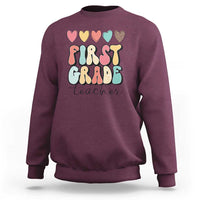 First Grade Teacher Leopard Heart Retro Groovy Sweatshirt - Wonder Print Shop