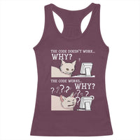 Funny Coder Racerback Tank Top The Code Doesn't Work Why Cat Meme
