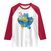 Funny Hanukkah Cat Raglan Shirt Kawaii Cat Eating Ramen Anime Jewish Kitten