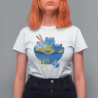Funny Hanukkah Cat T Shirt For Women Kawaii Cat Eating Ramen Anime Jewish Kitten - Wonder Print Shop