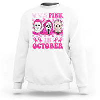 Breast Cancer Halloween Sweatshirt In October We Wear Pink Horror Character - Wonder Print Shop