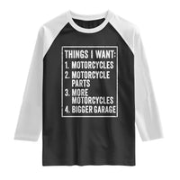 Funny Motorcycle Lovers Raglan Shirt Things I Want Vintage Garage Graphic Bikers Club