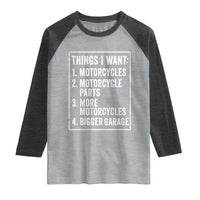 Funny Motorcycle Lovers Raglan Shirt Things I Want Vintage Garage Graphic Bikers Club