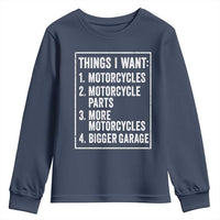 Funny Motorcycle Lovers Youth Sweatshirt Things I Want Vintage Garage Graphic Bikers Club