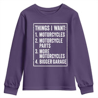 Funny Motorcycle Lovers Youth Sweatshirt Things I Want Vintage Garage Graphic Bikers Club