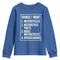 Funny Motorcycle Lovers Youth Sweatshirt Things I Want Vintage Garage Graphic Bikers Club