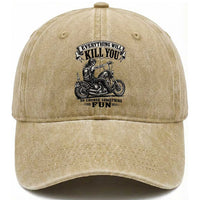 Skeleton Biker Vintage Motorcycle Graphic Washed Cotton Baseball Cap Everything Will Kill You So Choose Something Fun