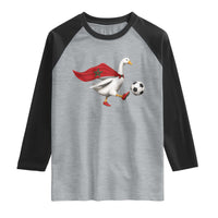 Morocco Soccer Raglan Shirt Funny Goose Wearing Moroccan Flag Patriotic Football Fan Graphic