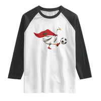 Morocco Soccer Raglan Shirt Funny Goose Wearing Moroccan Flag Patriotic Football Fan Graphic