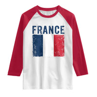 Vintage France Flag Distressed French Pride Patriotic Soccer Fan Graphic Raglan Shirt