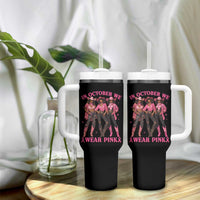 In October We Wear Pink Tumbler With Handle Breast Cancer Awareness Month Cowgirl Pink Ribbon - Wonder Print Shop