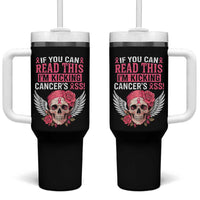 Funny Breast Cancer Survivor Tumbler With Handle Im Kicking Cancers Ass Pink Ribbon Skull - Wonder Print Shop