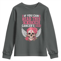 Funny Breast Cancer Survivor Youth Sweatshirt Im Kicking Cancers Ass Pink Ribbon Skull - Wonder Print Shop
