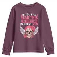 Funny Breast Cancer Survivor Youth Sweatshirt Im Kicking Cancers Ass Pink Ribbon Skull - Wonder Print Shop