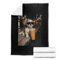 Funny Shih Tzu Drinking Iced Coffee Throw Blanket Vintage Dog Lover