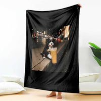 Bernedoodle Dog Drinking Iced Coffee Throw Blanket Funny Coffee Lover Gift for Dog Moms Dads