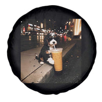 Bernedoodle Dog Drinking Iced Coffee Spare Tire Cover Funny Coffee Lover Gift for Dog Moms Dads