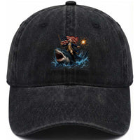 George Washington Riding Shark Washed Cotton Baseball Cap Funny 4th Of July Independence Day 1776 Meme American Flag