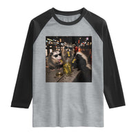Funny Raccoon Skunk Possum Eating Pickles Raglan Shirt Support Local Street Cats Retro Animal Meme