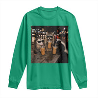 Funny Raccoon Skunk Possum Drinking Iced Coffee Long Sleeve Shirt Support Local Street Cats Retro Animal Meme