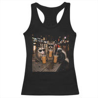 Funny Raccoon Skunk Possum Drinking Iced Coffee Racerback Tank Top Support Local Street Cats Retro Animal Meme