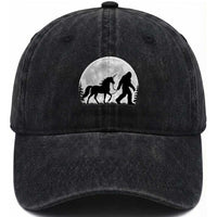 Bigfoot Walking Unicorn Washed Cotton Baseball Cap Full Moon Sasquatch Fantasy Forest Silhouette