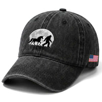 Bigfoot Walking Unicorn Washed Cotton Baseball Cap Full Moon Sasquatch Fantasy Forest Silhouette