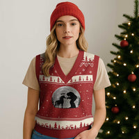 Bigfoot Boop Unicorn V-Neck Knit Sweater Vest Funny Sasquatch Full Moon Fantasy Forest Silhouette