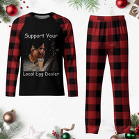 Support Local Dealer Chicken Farmer Plaid Pajama Set Funny Animal Graphic Chicken Drinking Iced Coffee