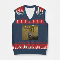 Funny Cat Selfie with Bigfoot Sasquatch Backrooms Liminal Space Meme V-Neck Knit Sweater Vest
