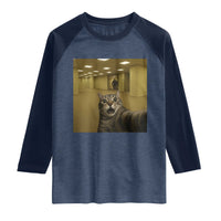 Funny Cat Selfie with Bigfoot Sasquatch Backrooms Liminal Space Meme Raglan Shirt
