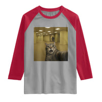 Funny Cat Selfie with Bigfoot Sasquatch Backrooms Liminal Space Meme Raglan Shirt