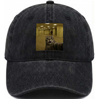 Funny Cat Selfie with Bigfoot Sasquatch Backrooms Liminal Space Meme Washed Cotton Baseball Cap