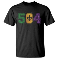 Mardi Gras 504 Nola New Orleans Louisiana T Shirt Glitter Print Fleur de Lis