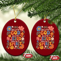 Boho Floral Christian Ceramic Ornament Blessed Saved By Jesus Cross Flower